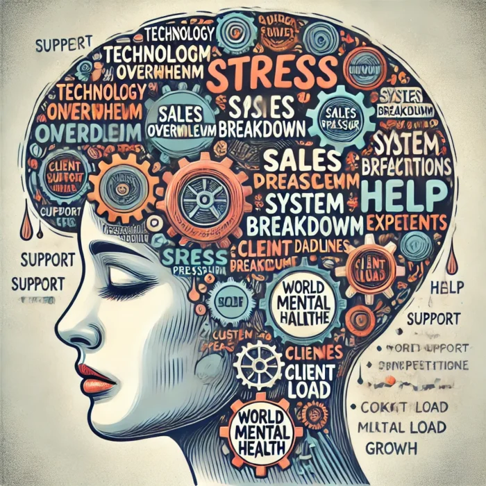 DALL·E 2024-10-10 08.25.03 – An illustration of a woman’s head, similar to the uploaded image, focusing on stress and overwhelm faced by women in business. The inside of her head